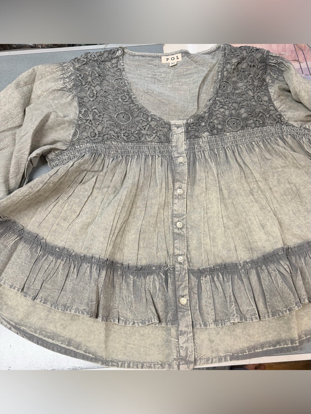 #59 P2-1 POL Washed Ruffle Button-Front Blouse - Picture 5 of 5